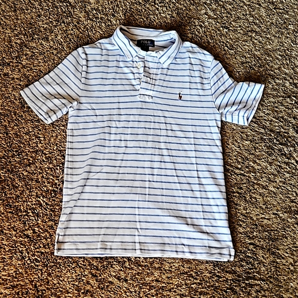 Boys Size 10-12 Ralph Lauren Polo Shirt White with Blue Stripes - Picture 1 of 1